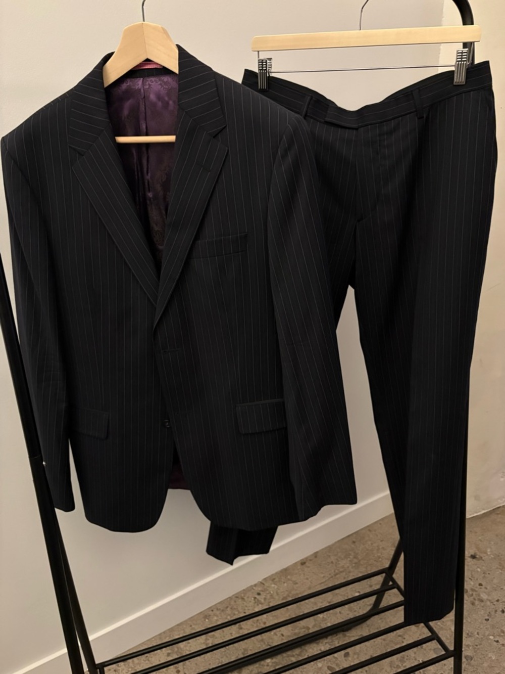 Sand x Reda Super 120's Wool 2 Piece Suit Black/Blue/Purple Stripe 40R